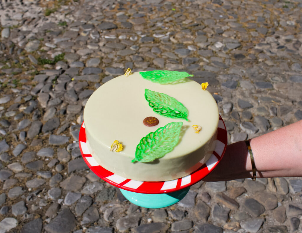 Torta Balima. Balima deriva da BAsilico, LImone, MAndorla. Composta nel seguente modo: biscotto morbido alla mandorla e limone, cremoso al limone, gel di limone con delle mandorle caramellate e per finire questa mousse al cioccolato bianco e estratto di basilico fresco